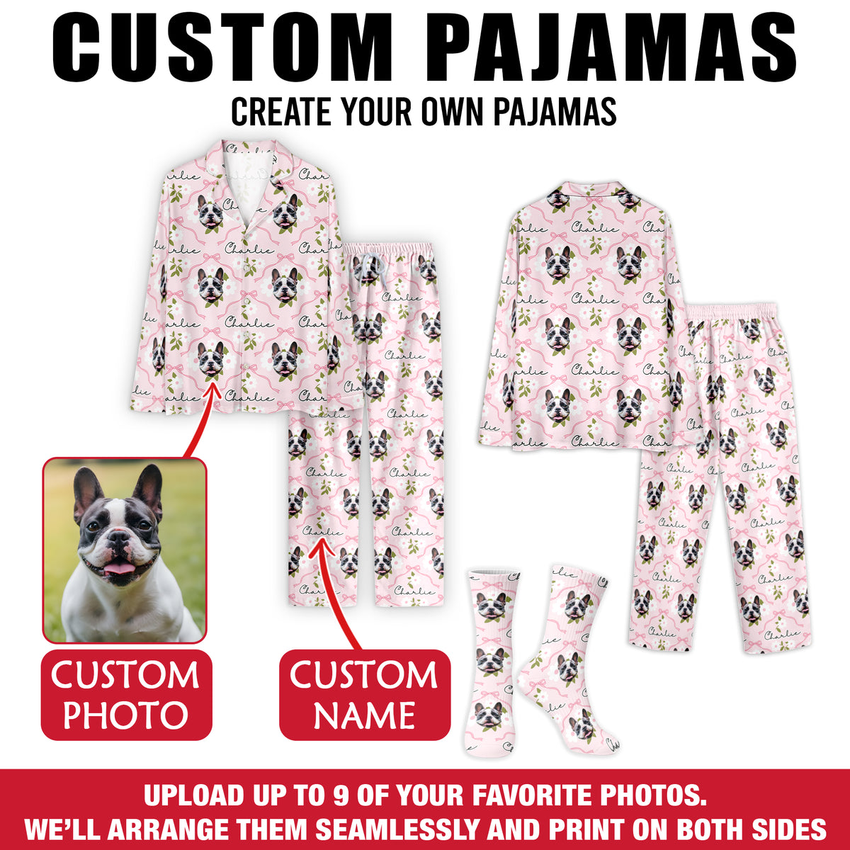 Custom Pet Face Pajamas Set Personalised Dog Photo Name Sleepwear Gift for Dog Lovers