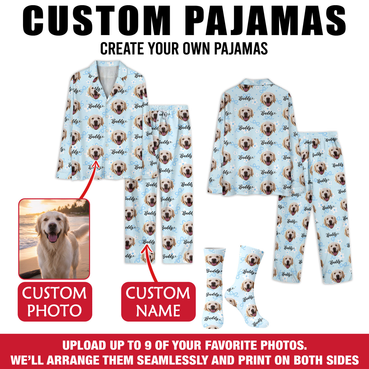 Custom Dog Face Pajamas Set Personalised Photo Name Floral Sleepwear Dog Mom Dad Gift