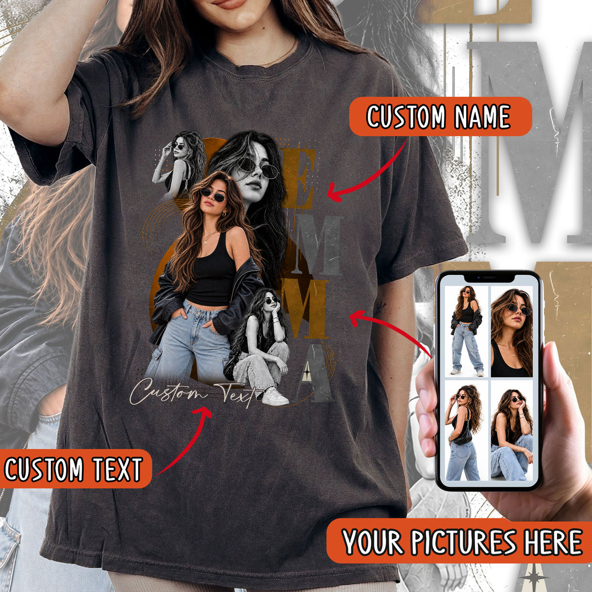 Custom Photo T-Shirt Vintage Rap Tee Graphic Shirt Custom Name Picture Collage Oversized