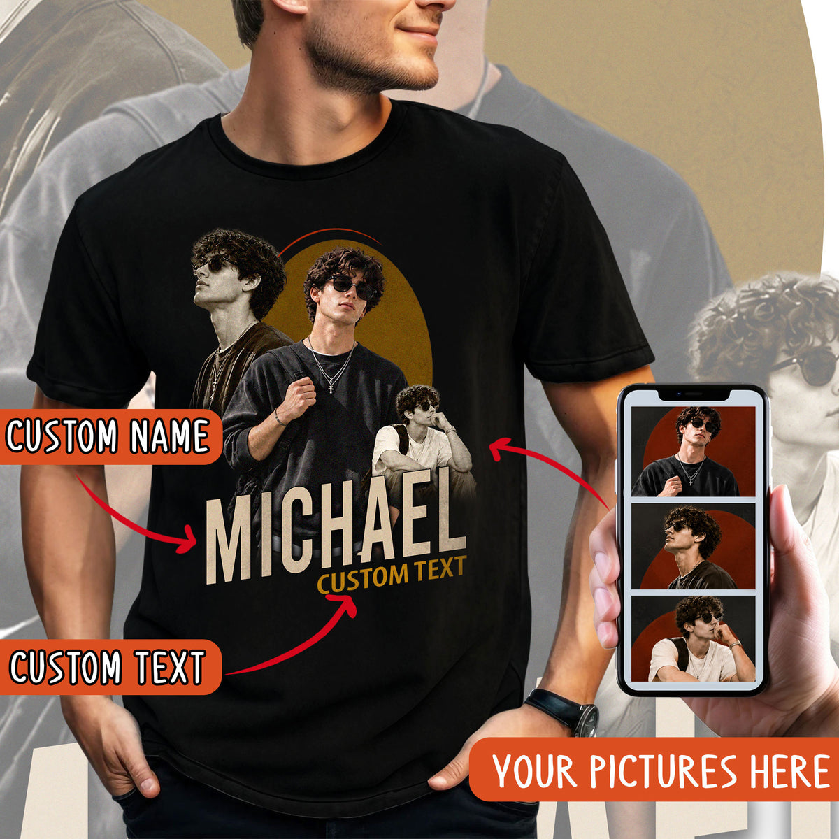 Custom Photo T-Shirt Vintage Oval Graphic Shirt Personalized Picture Bracket Name Custom Tee