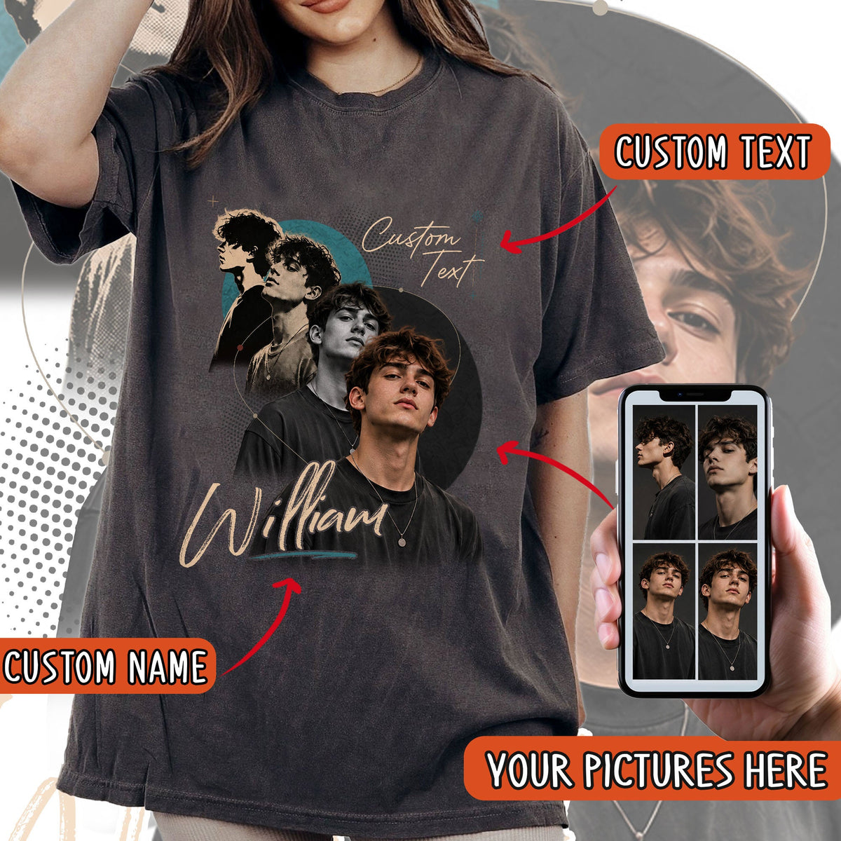 Cursive Graphic Tee with Photos and Name, Personalized Gifts for Women, Custom T-Shirts and Customized Tee Shirts with Pictures, Pallyprints Co.