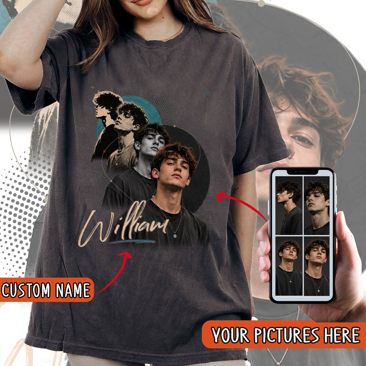 Custom Photo T-Shirt Vintage Cursive Script Graphic Tee Personalized Picture Name Shirt