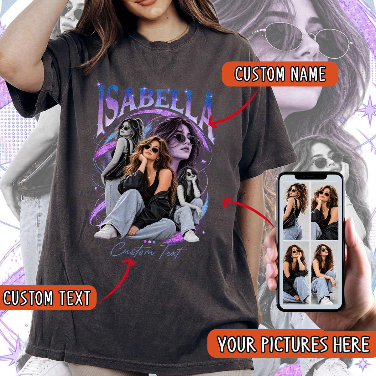 Custom Photo T-Shirt Vintage Neon Graphic Collage Shirt Custom Name Retro Sparkle Tee