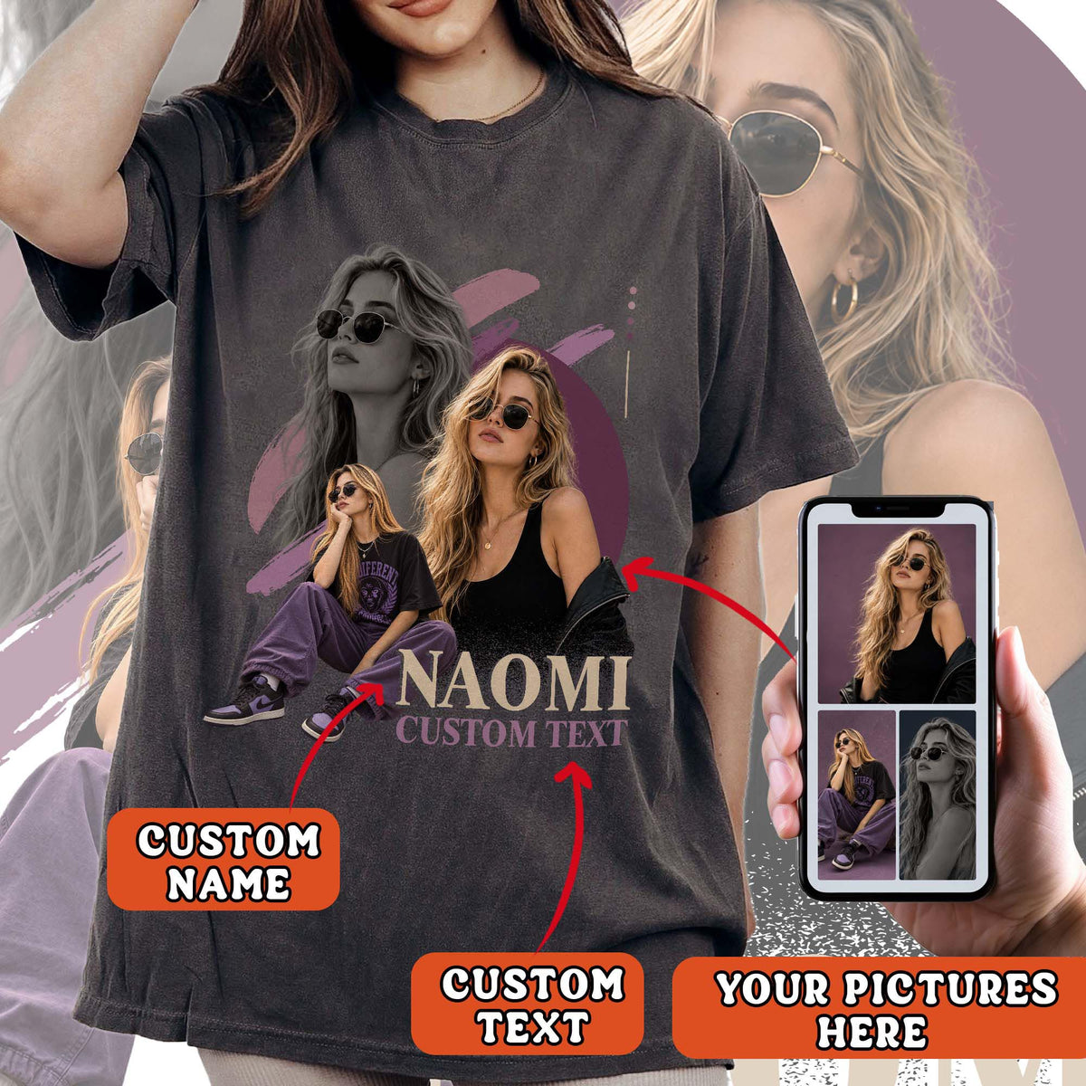 Custom Photo T-Shirt Vintage Graphic Collage Shirt Custom Name Retro Brush Stroke Tee