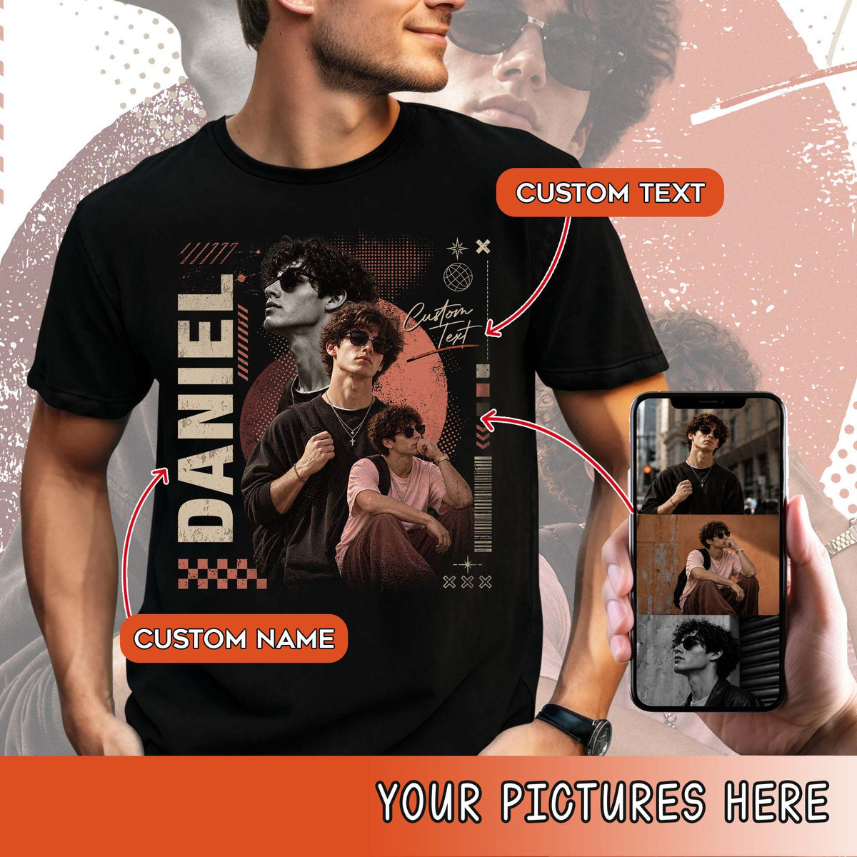 Custom Photo T-Shirt Vintage Streetwear Graphic Shirt Personalized Picture Collage Name Tee