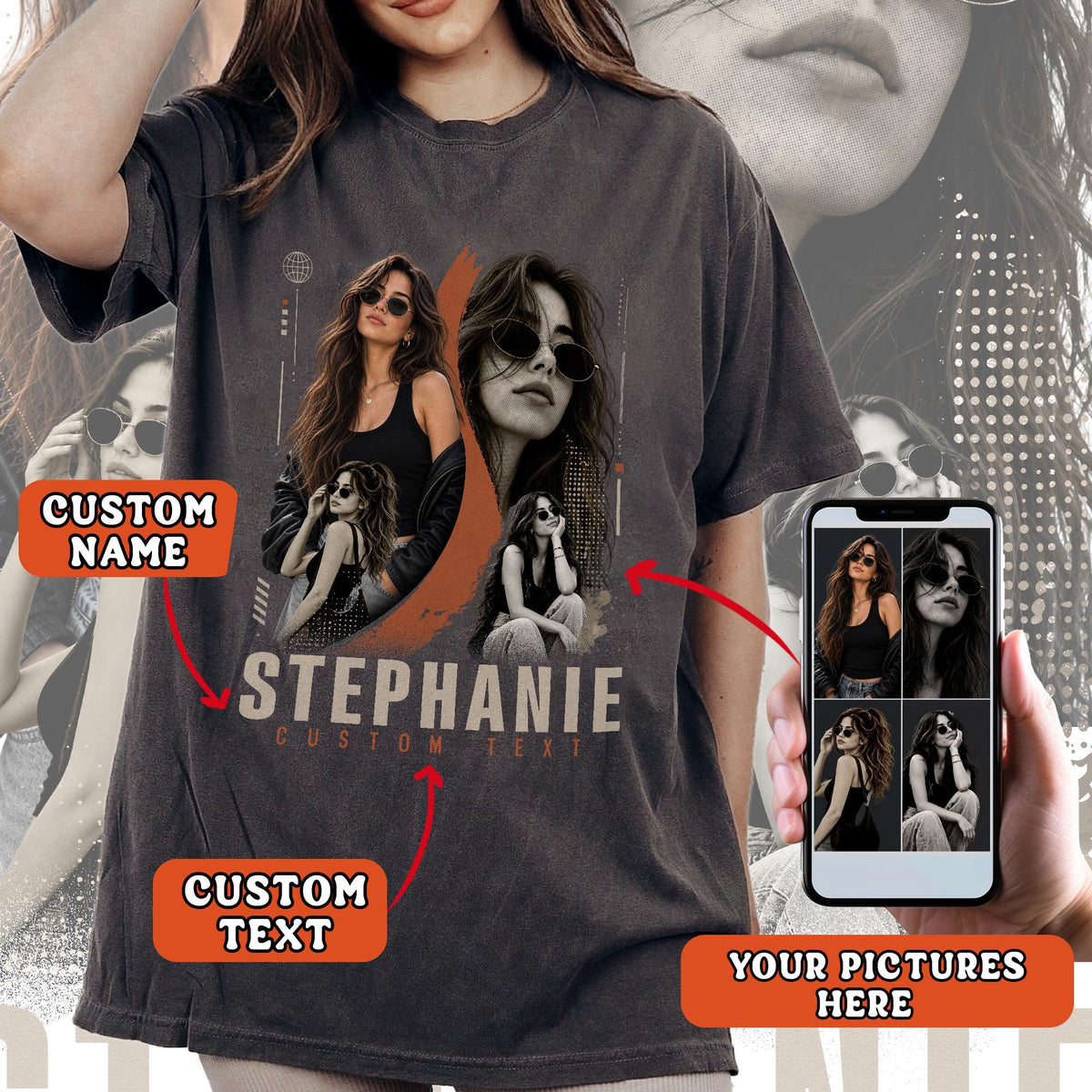 Custom Photo T-Shirt Vintage Rap Tee Style Graphic Shirt Personalized Picture Collage Tee