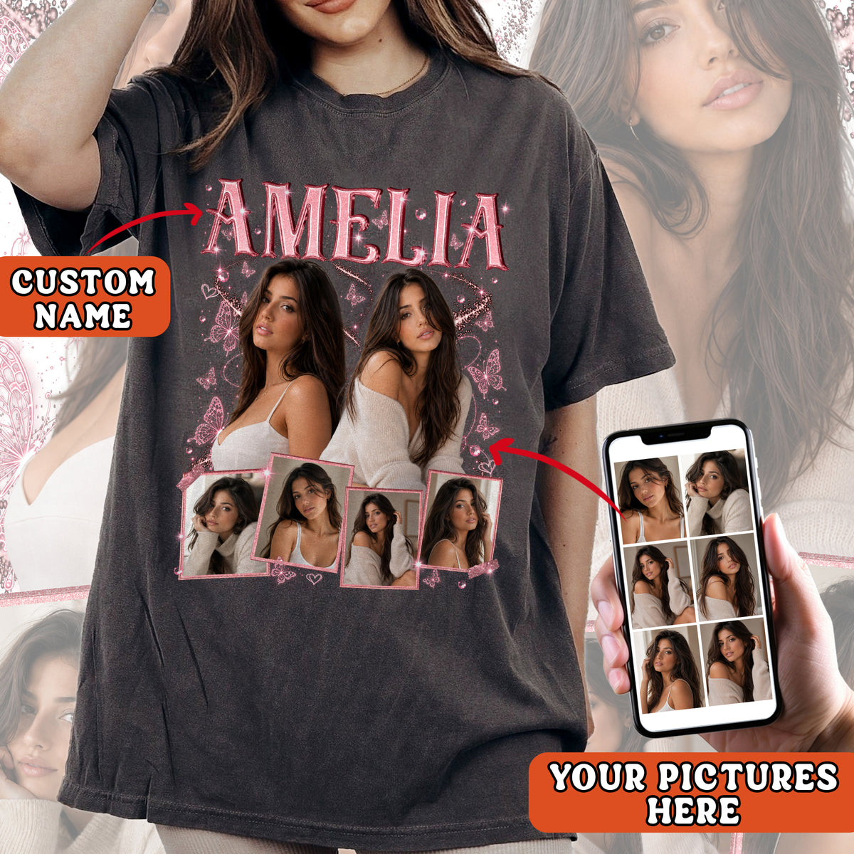 Custom Photo Collage Vintage T Shirt Retro Bootleg Rap Style Custom Name Graphic Tee