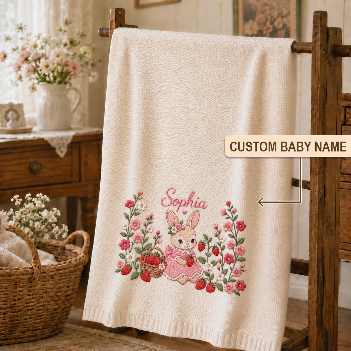 Custom Name Baby Knitted Blanket Bunny Rabbit Strawberry Flowers Warm Infant Swaddle Throw