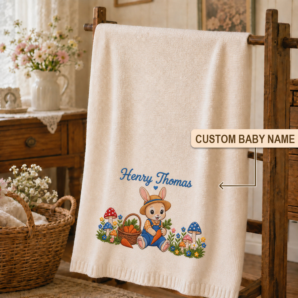 Custom Name Baby Knitted Blanket Bunny Rabbit Mushrooms Carrots Warm Infant Swaddle Throw