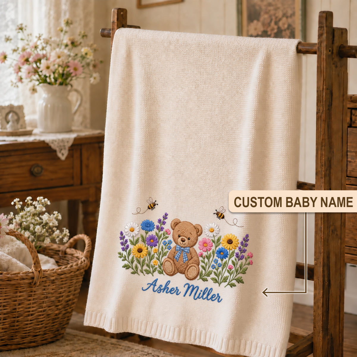 Custom Name Baby Knitted Blanket Teddy Bear Bees Wildflowers Warm Infant Swaddle Throw