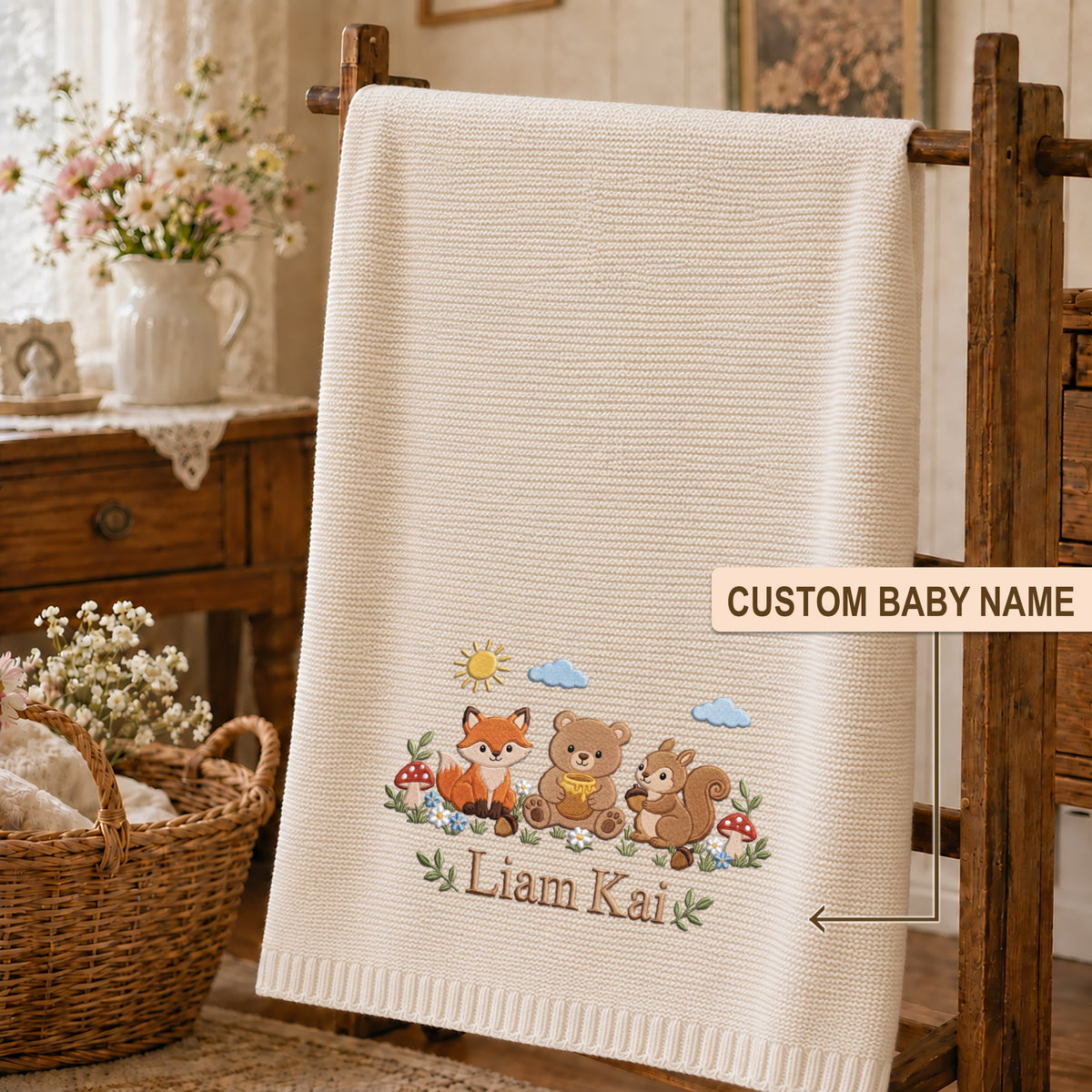 Custom Name Baby Knitted Blanket Woodland Animals Fox Bear Squirrel Swaddle Sheet Throw