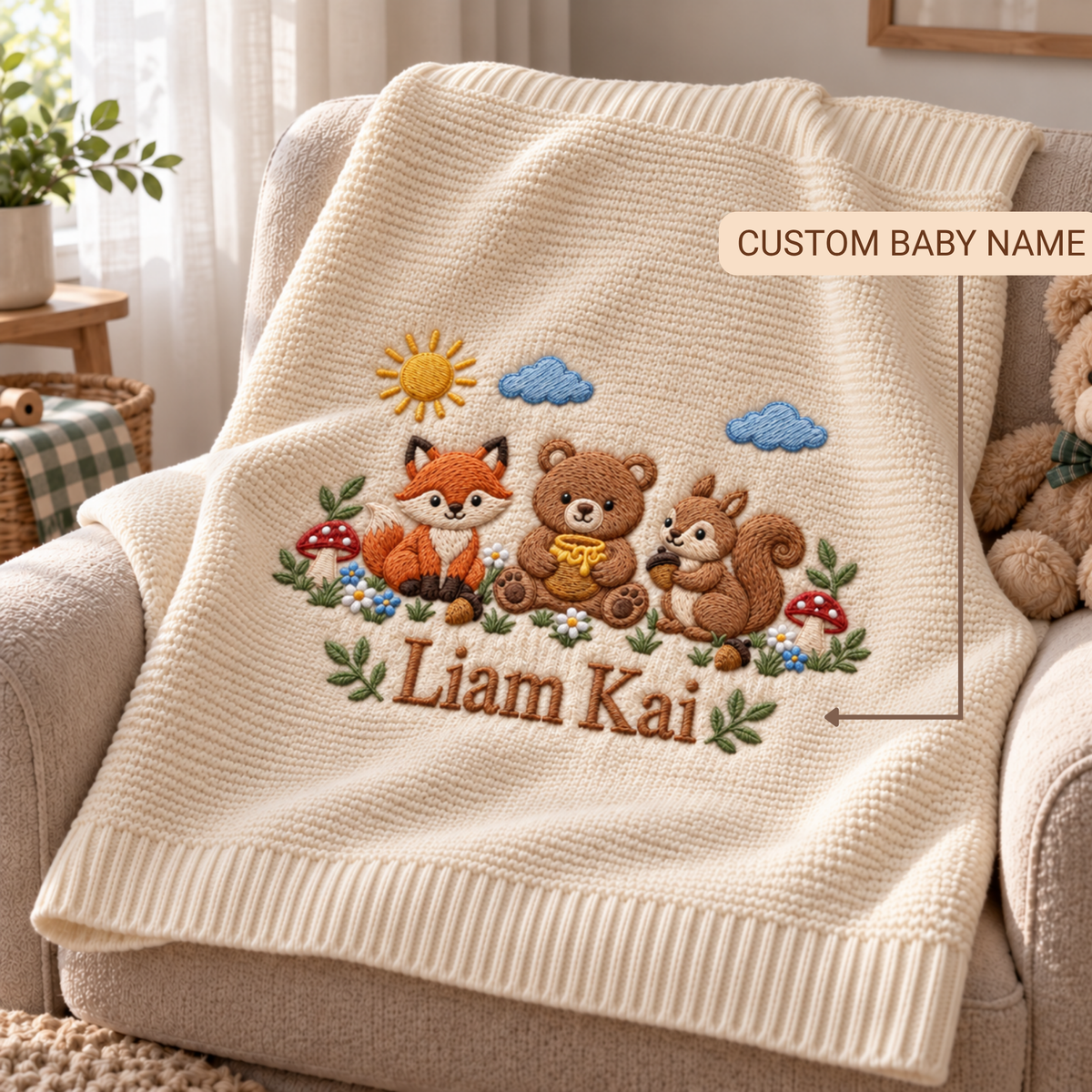Custom Name Baby Knitted Blanket Woodland Animals Fox Bear Squirrel Swaddle Sheet Throw