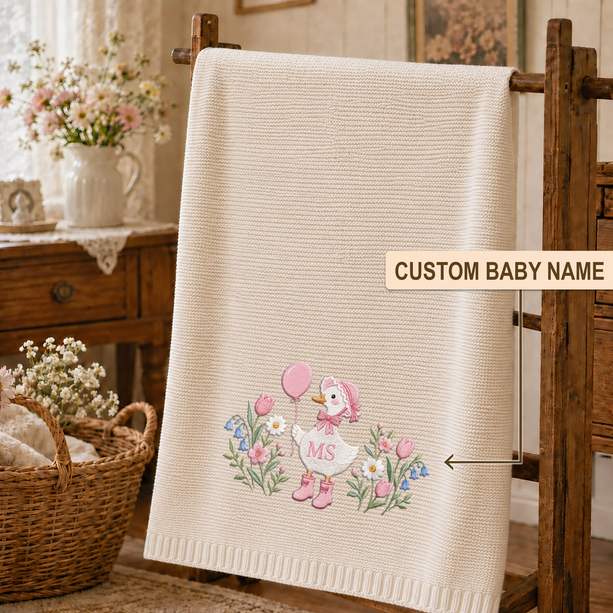 Custom Name Baby Knitted Blanket Goose Balloon Tulips Flowers Warm Infant Swaddle Throw