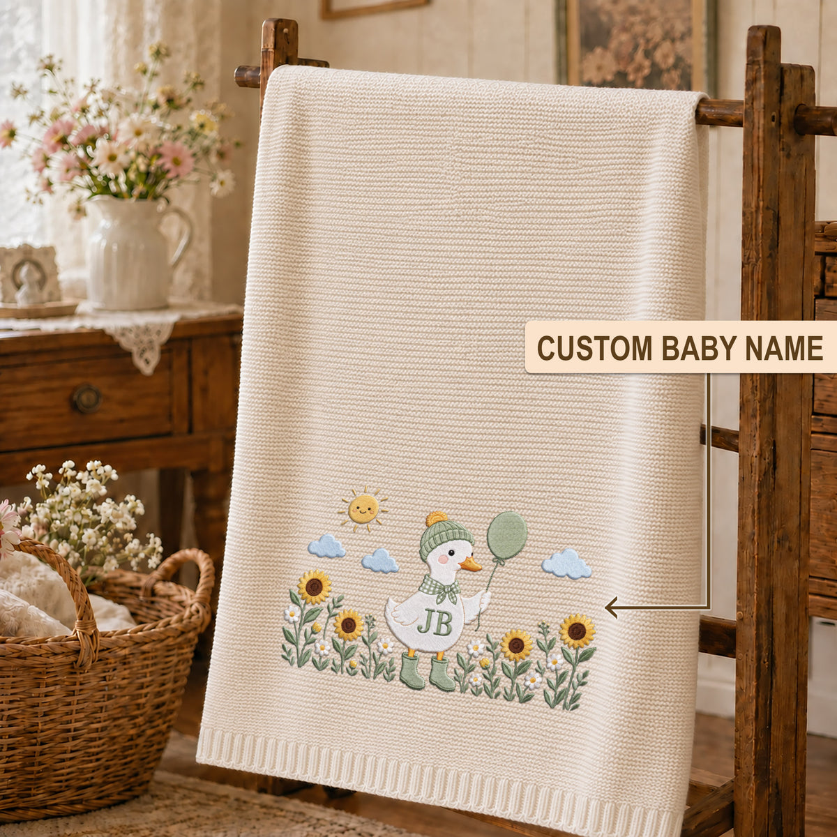 Custom Name Baby Knitted Blanket Duck Sunflowers Balloon Warm Infant Swaddle Sheet Throw