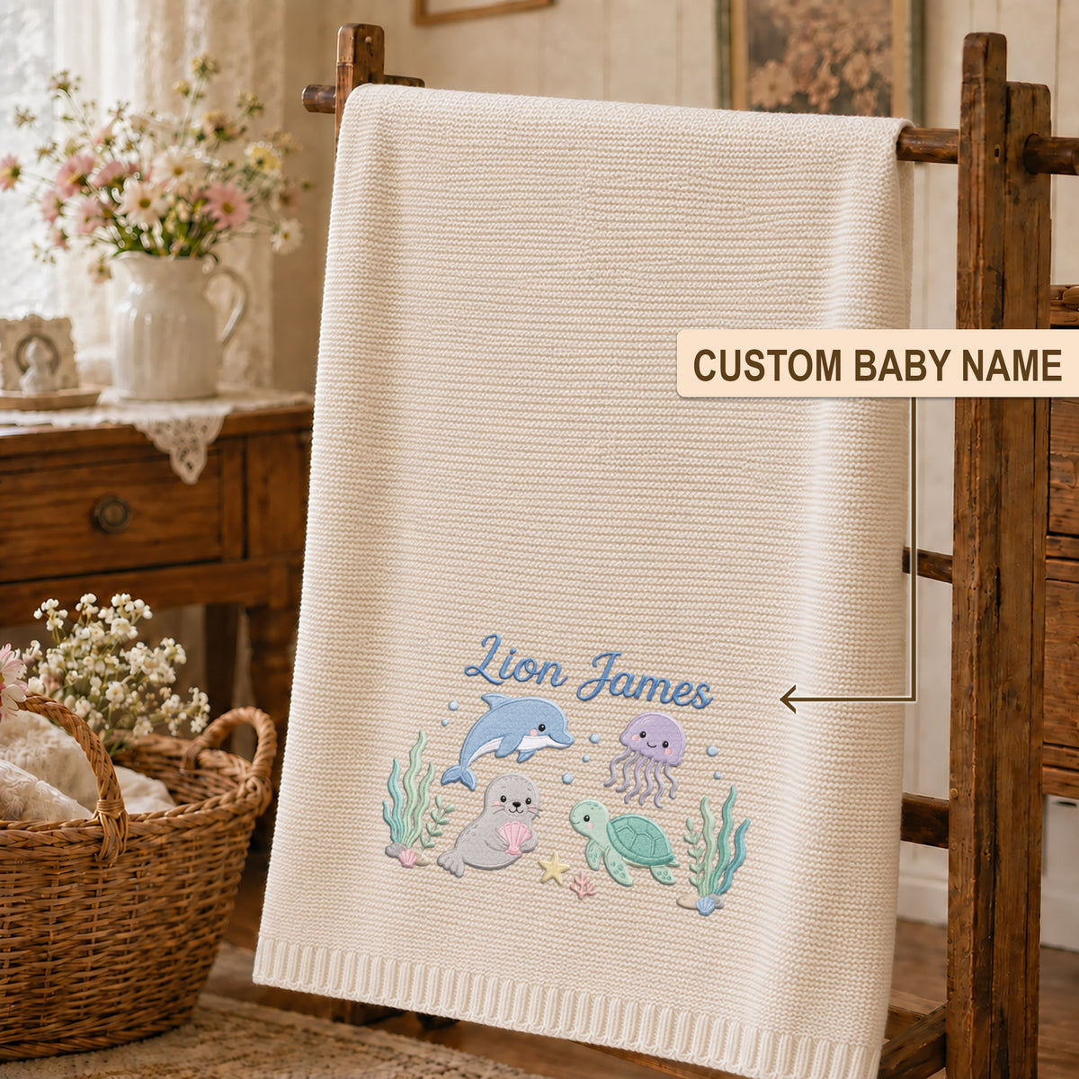 Custom Name Baby Knitted Blanket Dolphin Seal Sea Turtle Warm Infant Swaddle Sheet Throw