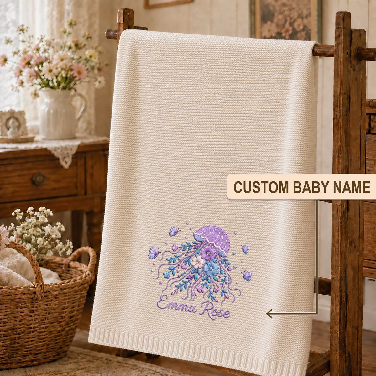 Custom Name Baby Knitted Blanket Jellyfish Floral Butterflies Warm Swaddle Sheet Throw