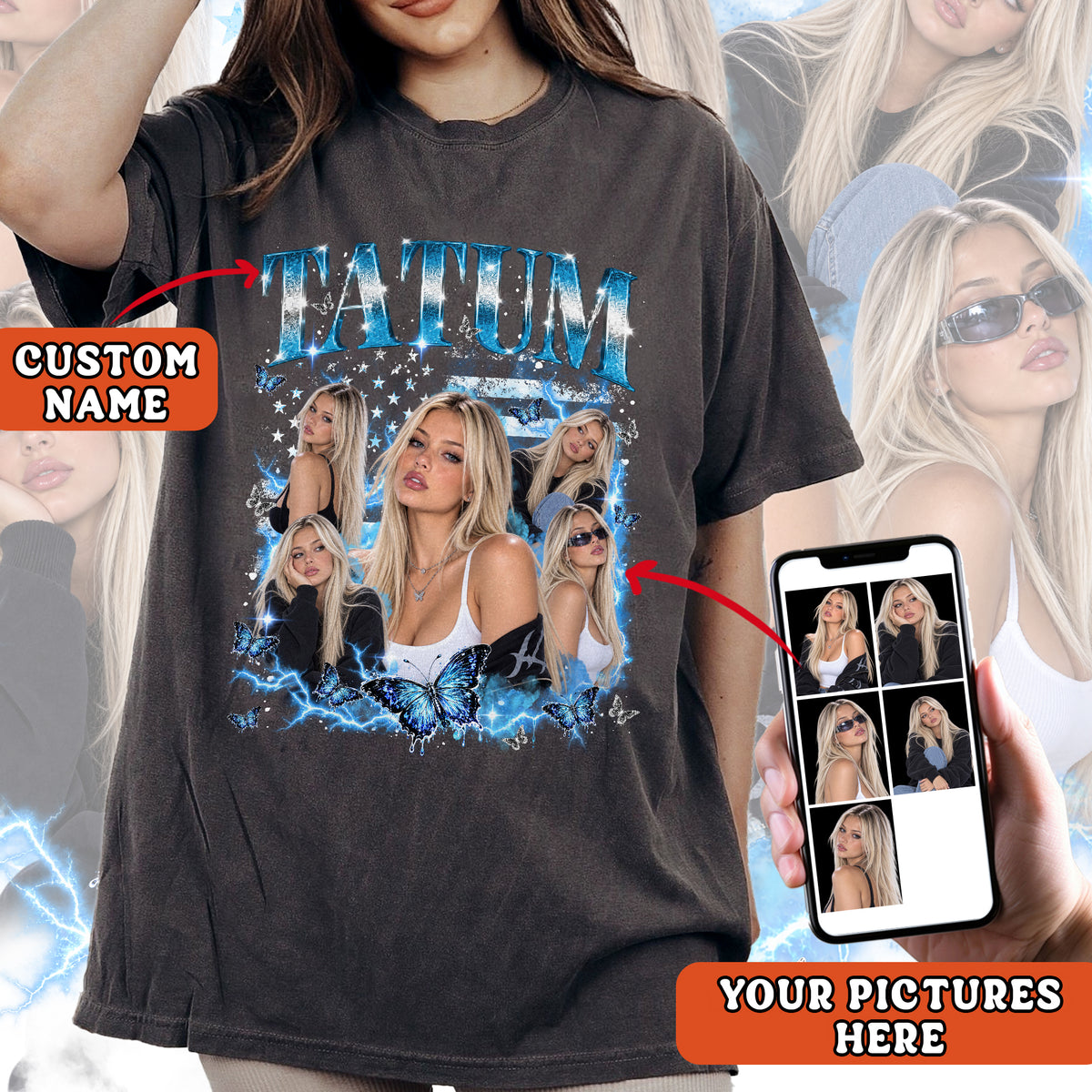 Custom Rhinestone USA Flag Name Butterfly Photo Collage T Shirt Top Apparel Outfit