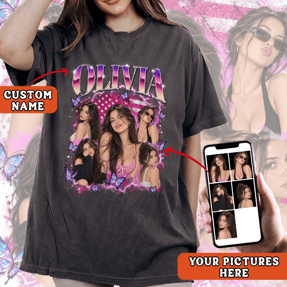Rhinestone Graphic Tee with Photos and Name, Personalized Gifts for Women, Custom T-Shirts and Customized Tee Shirts with Pictures, Pallyprints Co.