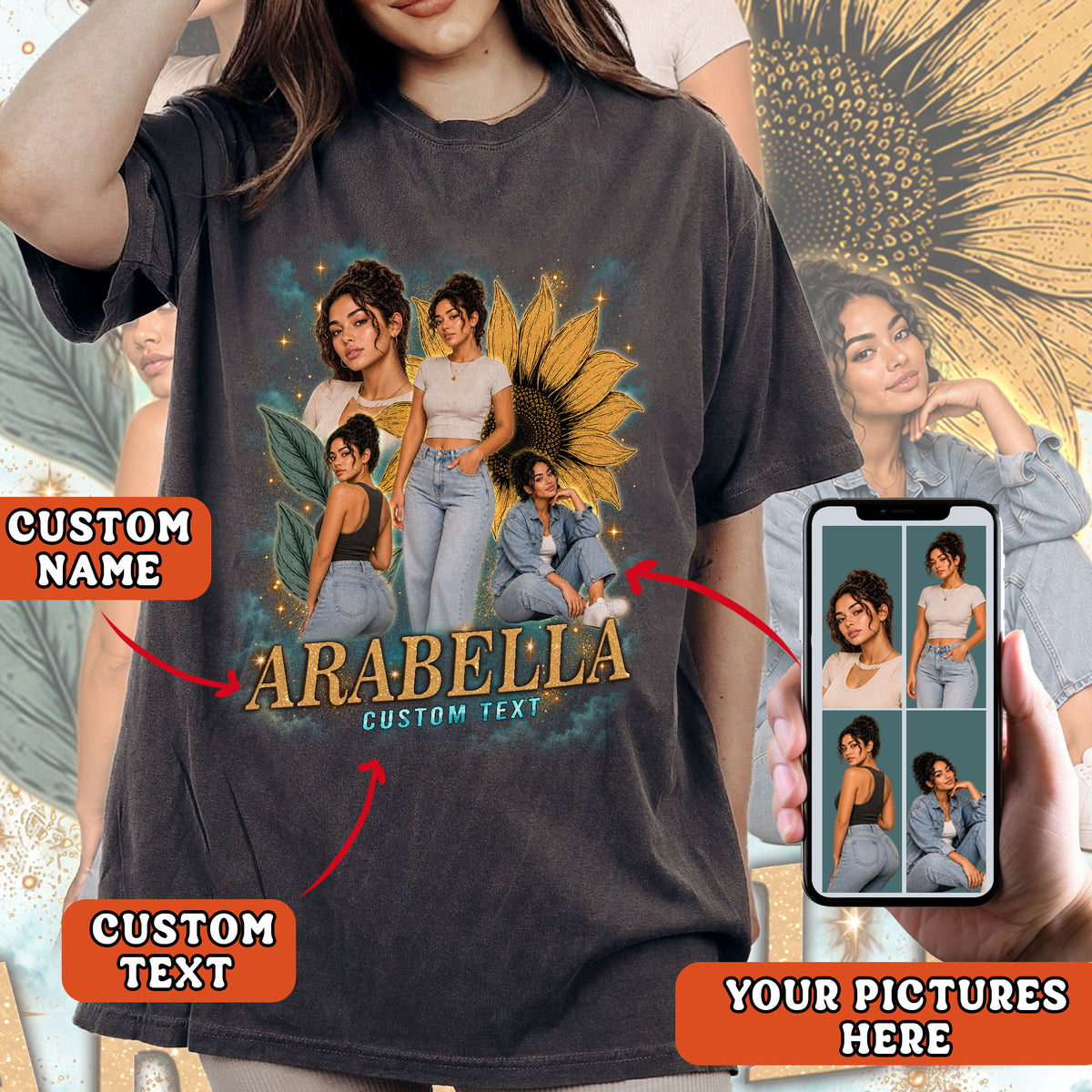 Personalized Vintage Sunflower Custom Photo Graphic Tee Shirt Retro Cotton Apparel