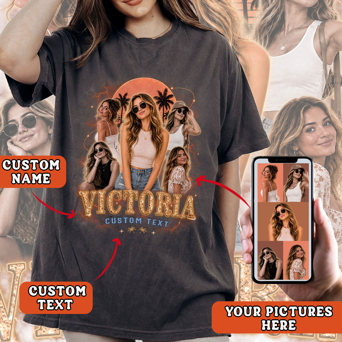 Personalized Vintage Sunset Palm Custom Photo Graphic Tee Shirt Retro Cotton Apparel