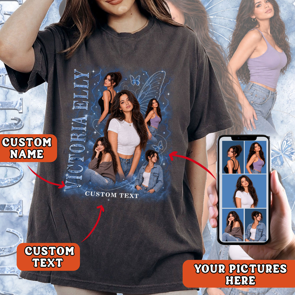 Personalized Vintage Butterfly Custom Photo Graphic Tee Shirt Retro Cotton Apparel
