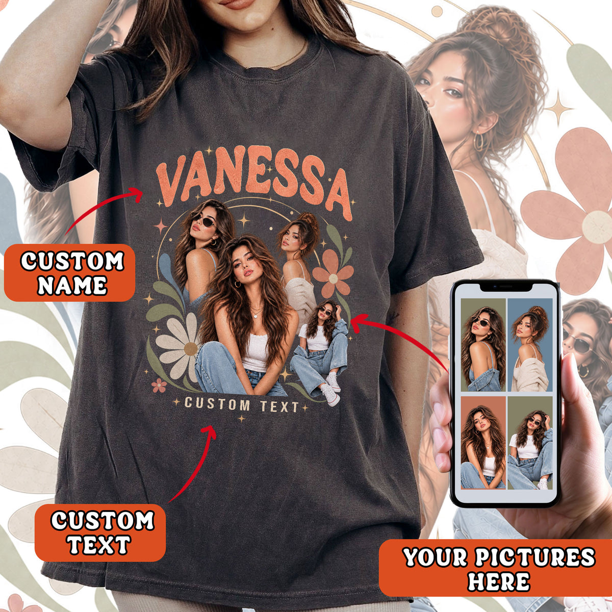Personalized Vintage Floral Custom Photo Graphic Tee Shirt Retro Cotton Apparel
