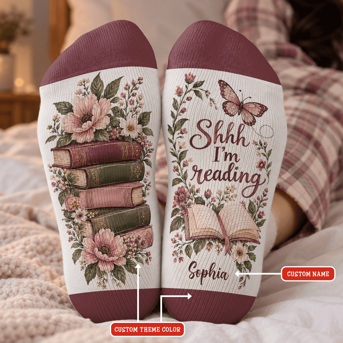 Custom Book Socks with Floral Butterfly, Socks for Women and Men with Style, Christmas Gifts and Book Lovers Gifts for Reading Time, Pallyprints Co.