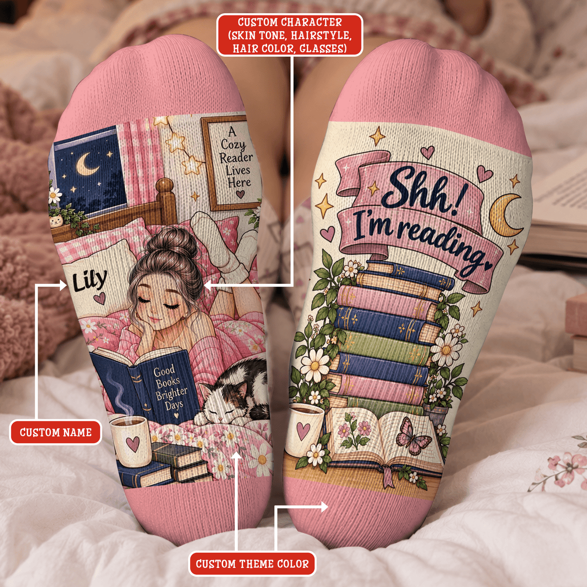 Reader Design Custom Book Socks, Socks for Women and Men with Soft Comfort, Book Lovers Gifts and Christmas Gifts for Reading Time, Pallyprints Co.