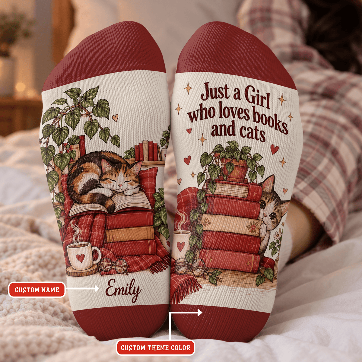 Custom Book Socks with Girl and Cat Reader Art, Socks for Women and Men with Style, Christmas Gifts and Book Lovers Gifts for Reading, Pallyprints Co.