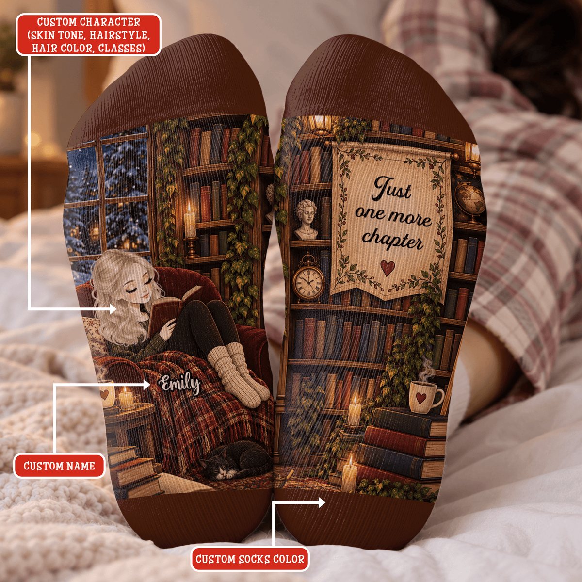 Custom Book Socks with One More Chapter, Socks for Women and Men with Style, Christmas Gifts and Book Lovers Gifts for Avid Readers, Pallyprints Co.