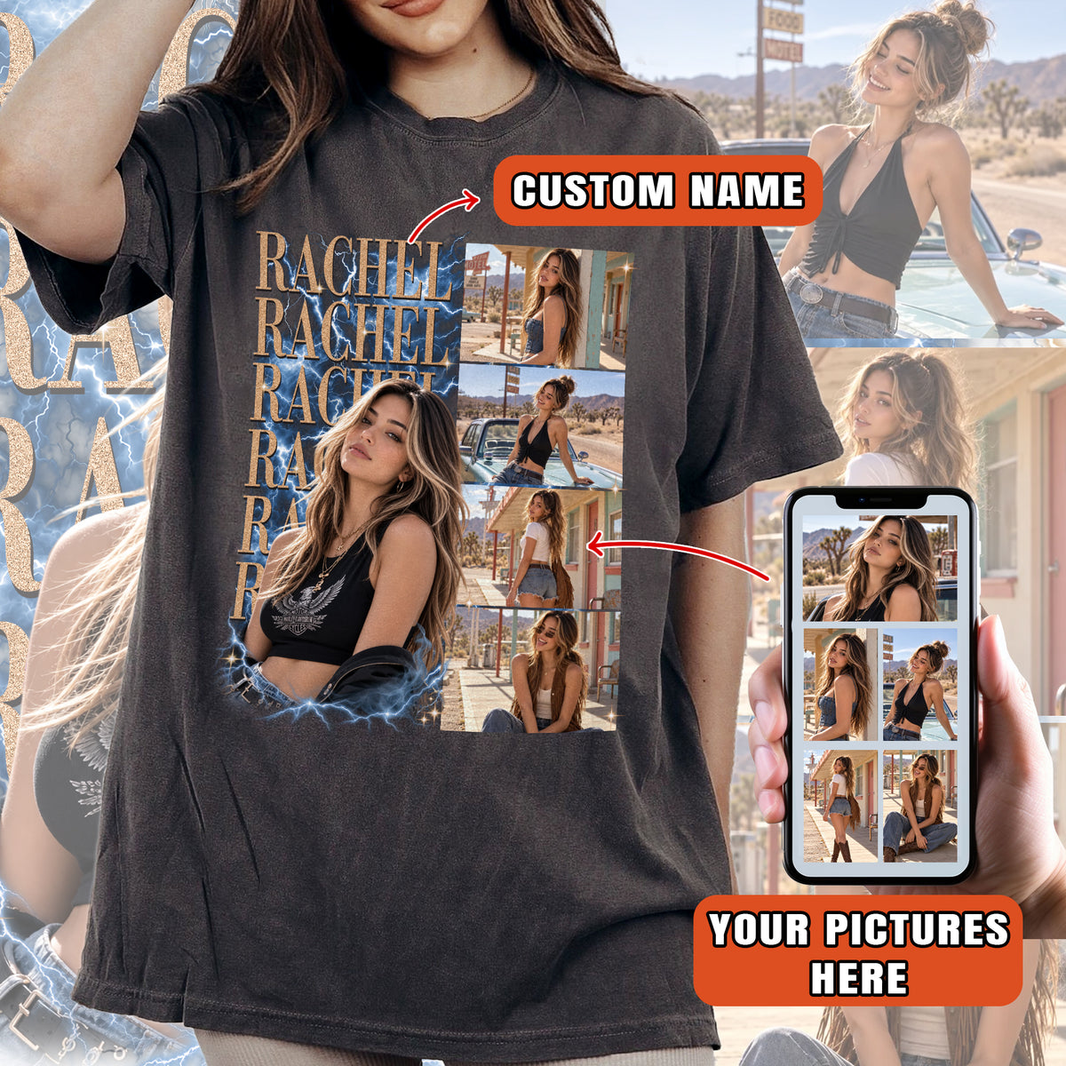 Personalized Vintage Lightning Custom Photo Graphic Tee Shirt Retro Cotton Apparel