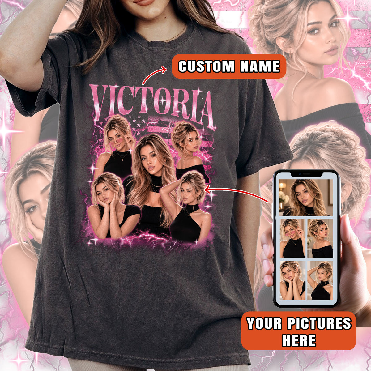 Personalized Vintage Sparkle Custom Photo Graphic Tee Shirt Retro Cotton Apparel