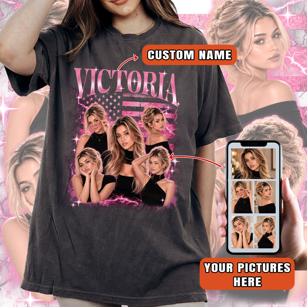Sparkle Graphic Tee with Photos and Name, Personalized Gifts for Women, Custom T-Shirts and Customized Tee Shirts with Pictures, Pallyprints Co.