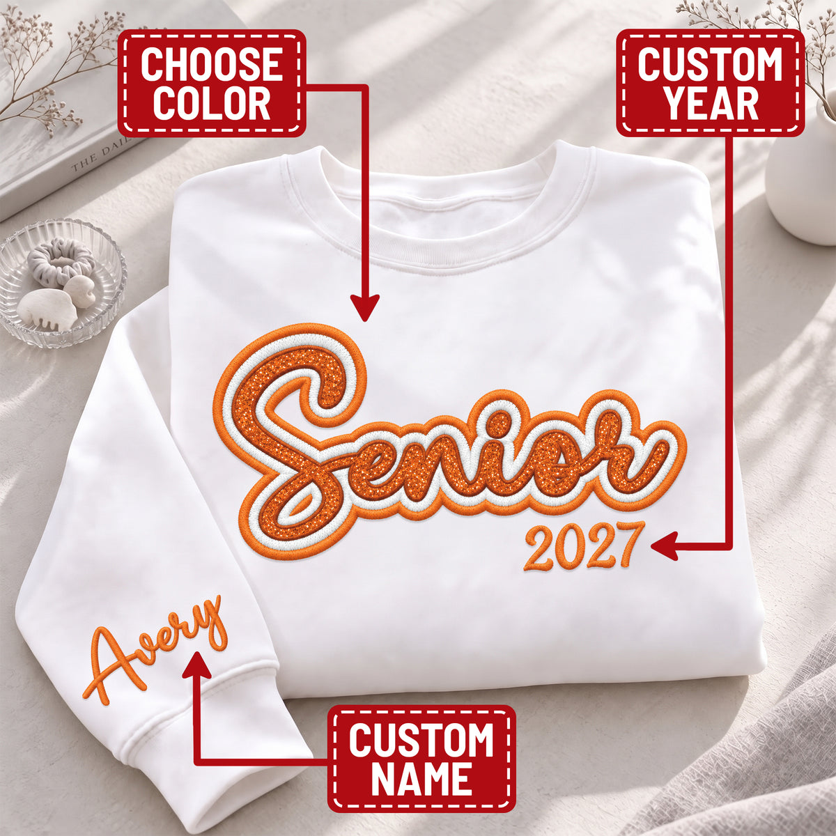 Senior Sweatshirt Custom Name Sleeve Embroidered Glitter Class of Any Year Gift