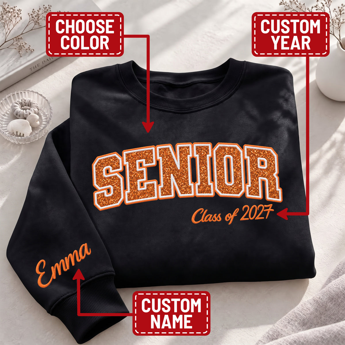 Senior Sweatshirt Glitter Varsity Letter Embroidered Custom Sleeve Name Grad Gift