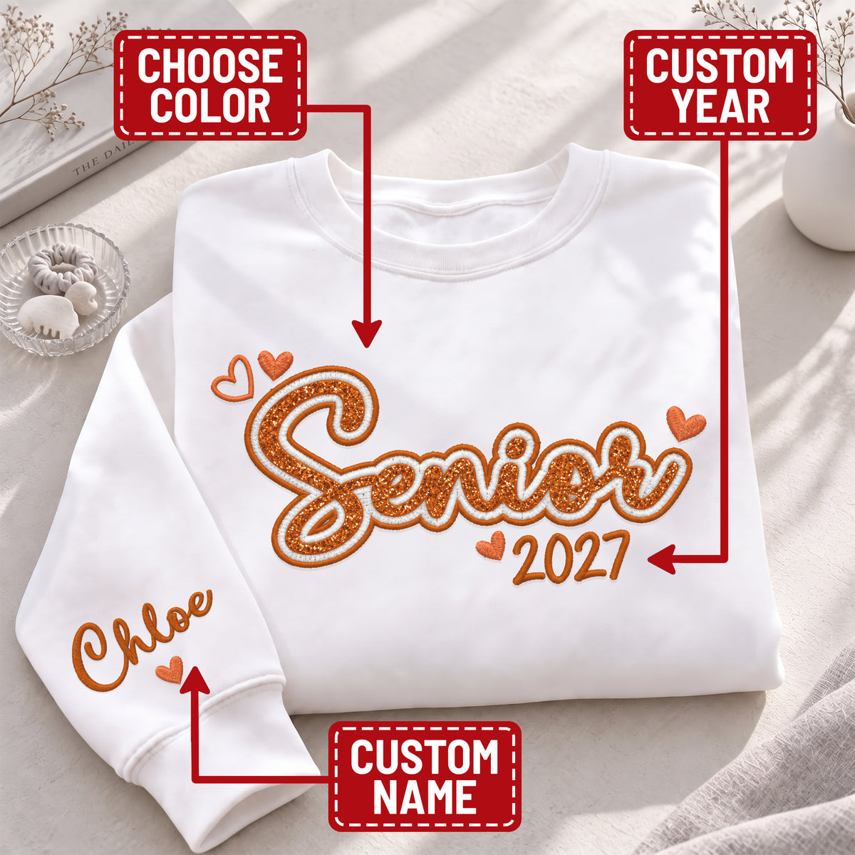 Senior Sweatshirt Custom Name Sleeve Heart Glitter Embroidery Grad Gift Crewneck
