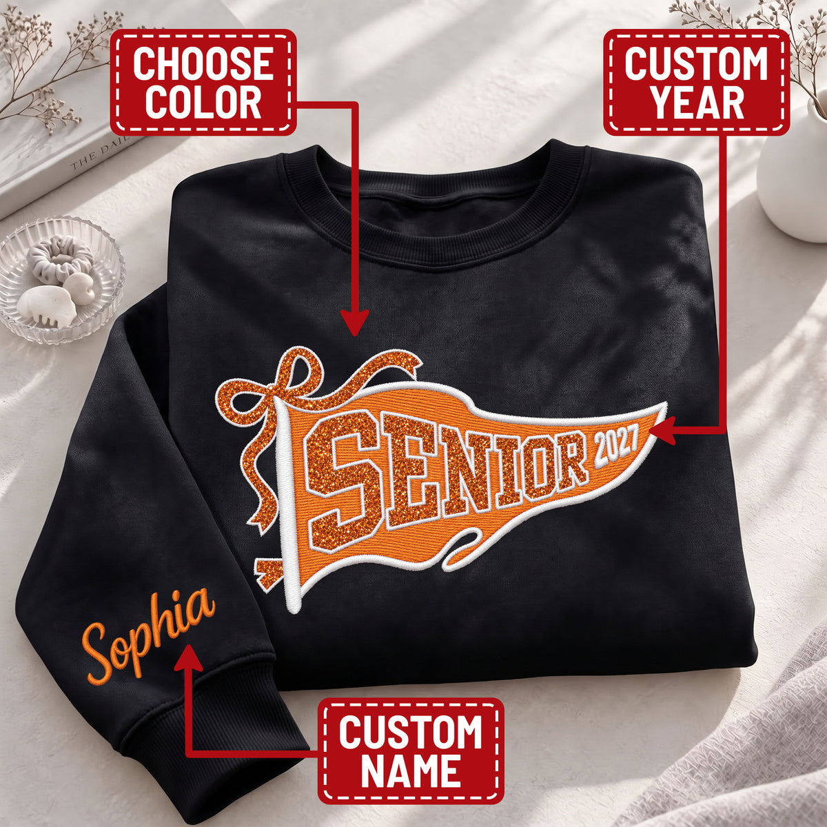 Senior Sweatshirt Pennant Flag Ribbon Glitter Embroidery Custom Name Sleeve Gift