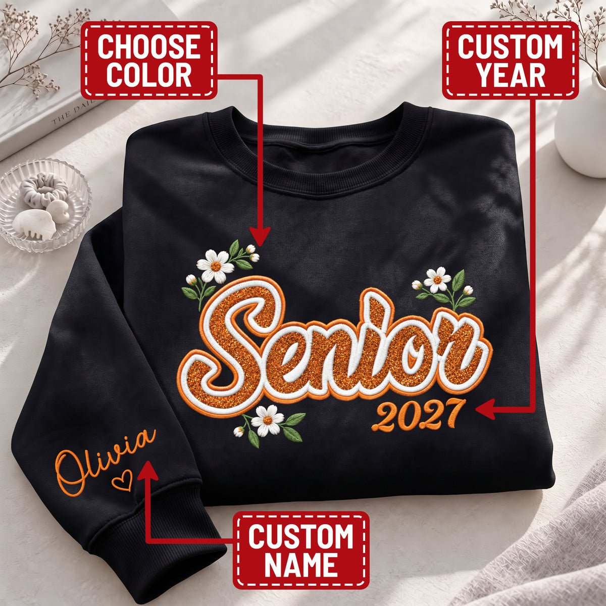 Senior Sweatshirt Floral Daisy Glitter Embroidery Custom Name Sleeve Grad Gift