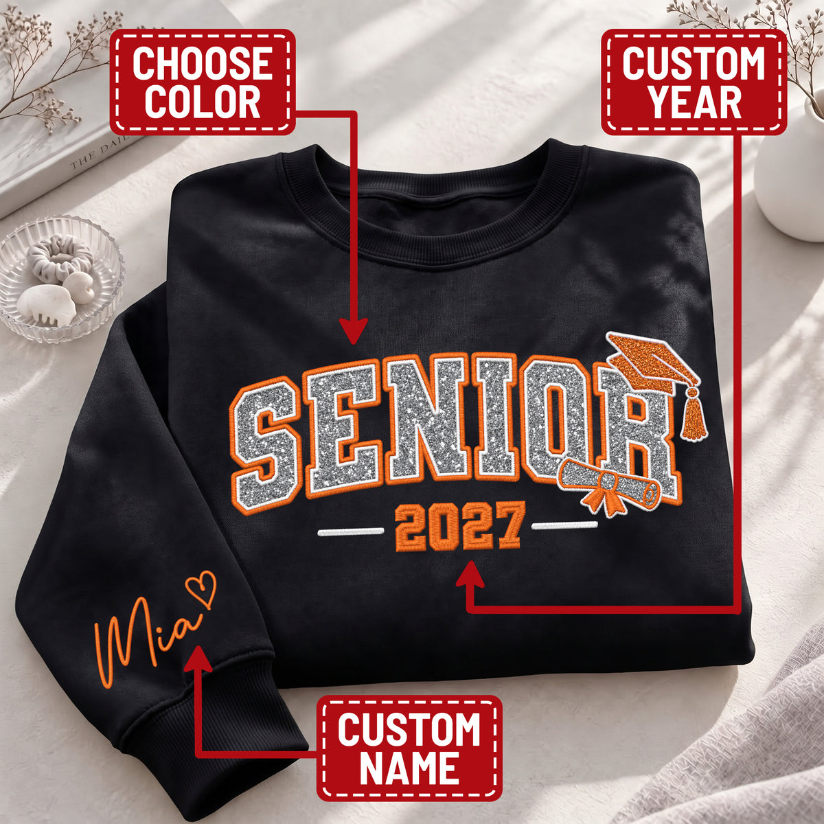 Senior Sweatshirt Grad Cap Diploma Silver Glitter Embroidery Custom Name Sleeve