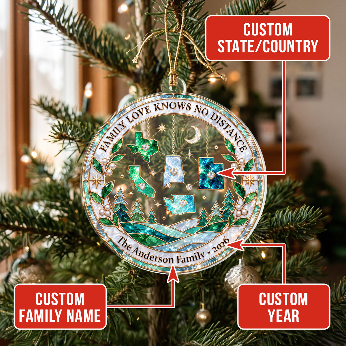 Personalized Family Love Knows No Distance Acrylic Ornament Custom Christmas State Gift
