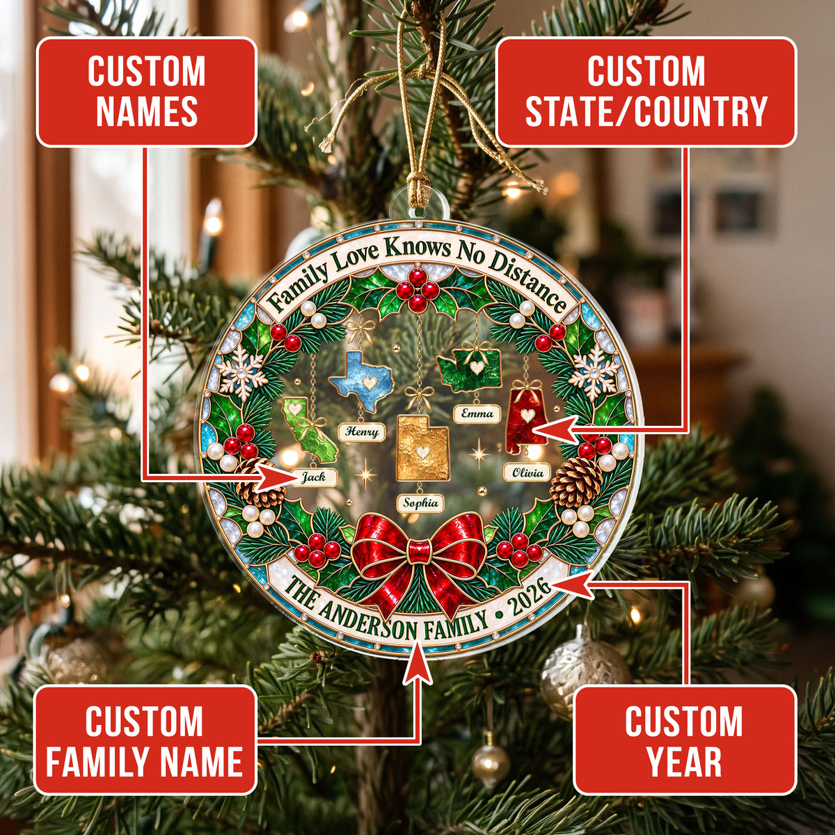 Personalized State to State Family Acrylic Ornament Christmas Tree Hanging Decoration
