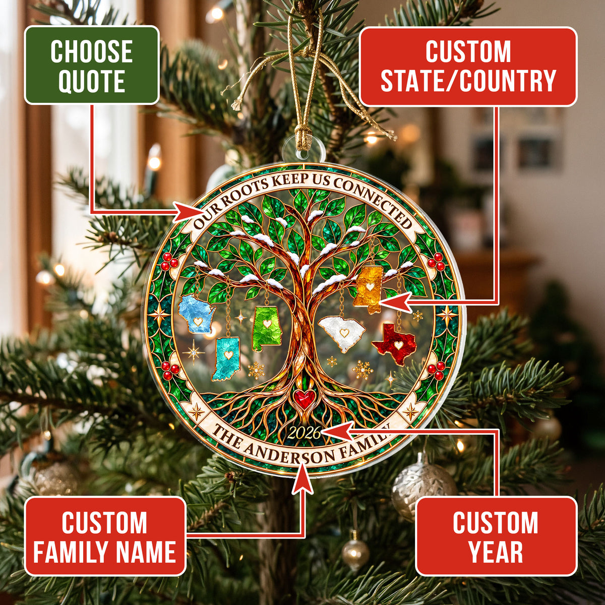 Custom Family Tree State Acrylic Ornament Long Distance Christmas Tree Keepsake Gift