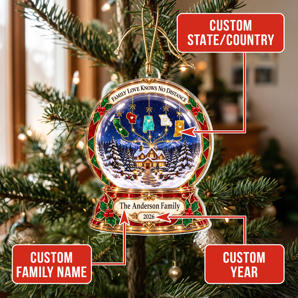 Custom Snow Globe Family Acrylic Ornament State to State Christmas Tree Decoration Gift