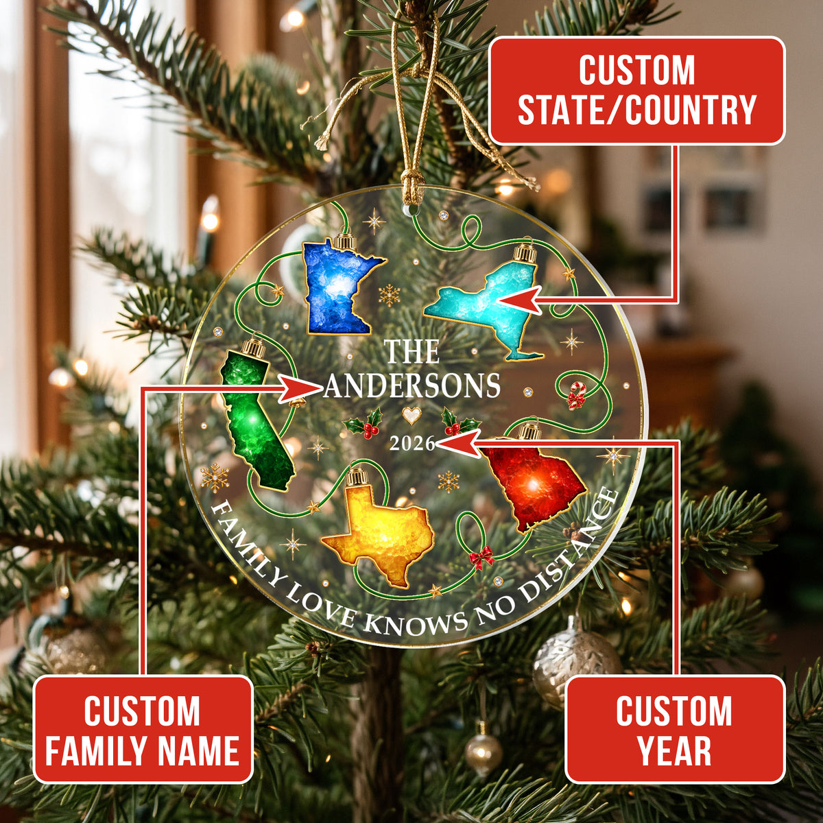 Personalized Christmas Light State Acrylic Ornament Long Distance Family Tree Decor