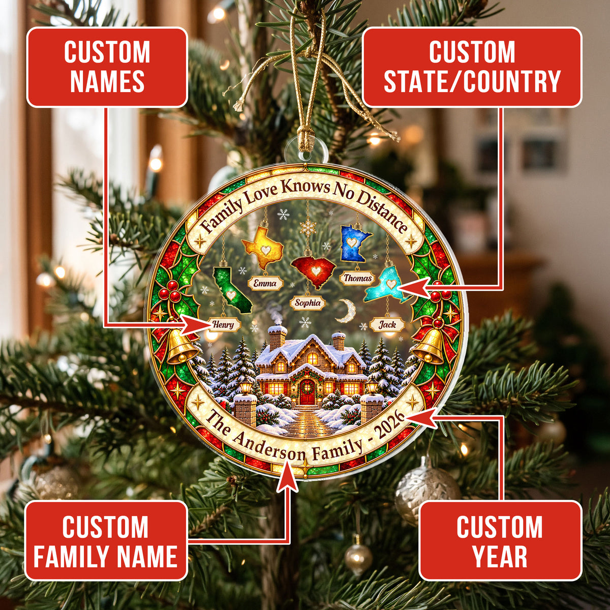 Custom Family Ornament Cozy Cabin State to State Acrylic Ornament Christmas Tree Gift