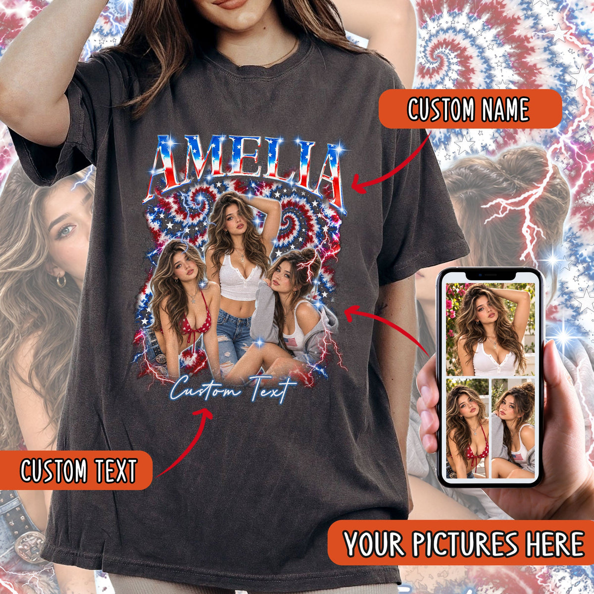Custom Vintage Photo Collage T Shirt Unisex Patriotic Star Graphic Tee Clothing Top