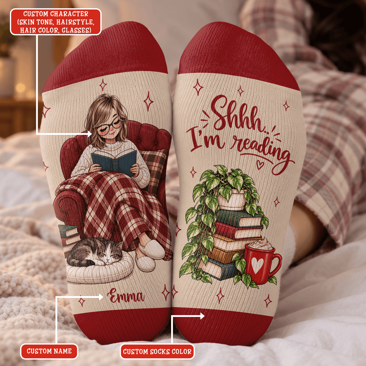 Cat Reader Custom Book Socks, Socks for Women and Men with Soft Comfort, Book Lovers Gifts and Christmas Gifts for Cozy Reading Time, Pallyprints Co.
