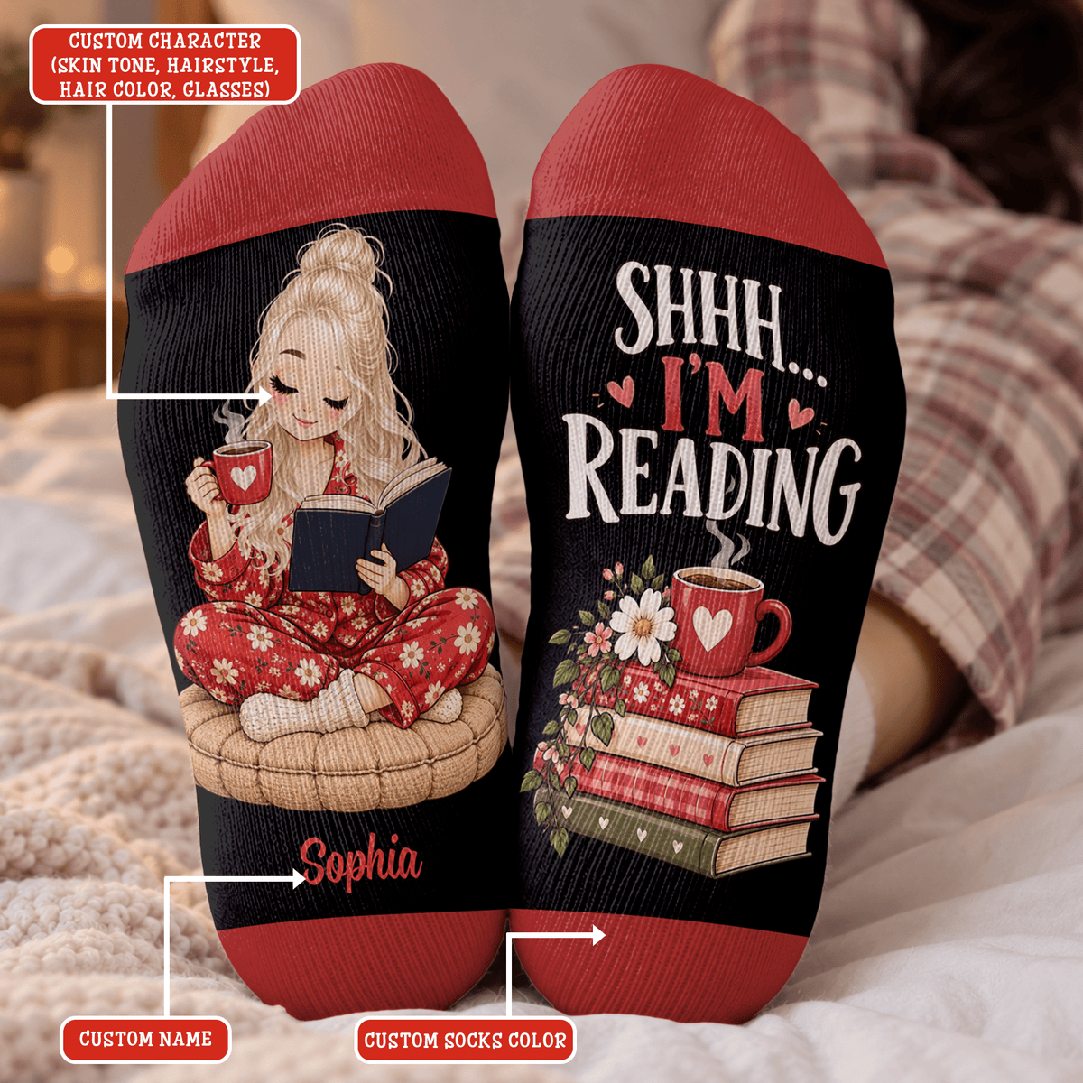 Custom Book Socks with Black Reader Art, Socks for Women and Men with Comfort, Christmas Gifts and Book Lovers Gifts for Reading Time, Pallyprints Co.