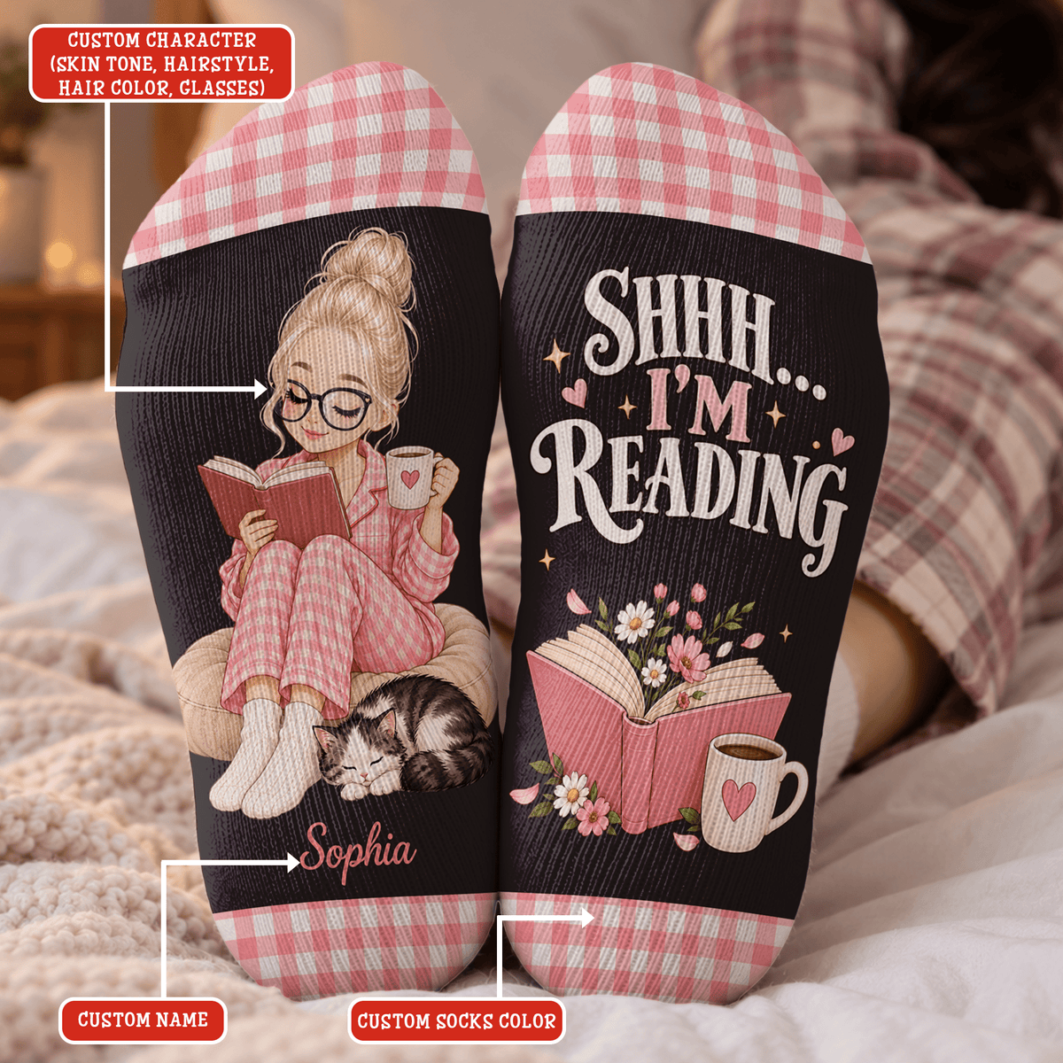 Short Hair Reader Custom Book Socks, Socks for Women and Men with Comfort, Book Lovers Gifts and Christmas Gifts for Quiet Reading, Pallyprints Co.