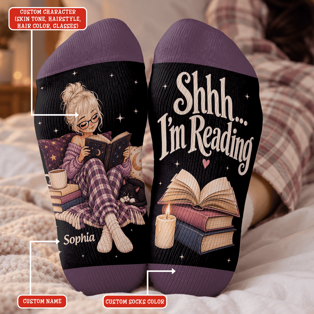 Custom Book Socks with Girl Reader Art, Socks for Women and Men with Style, Christmas Gifts and Book Lovers Gifts for Reading Time, Pallyprints Co.